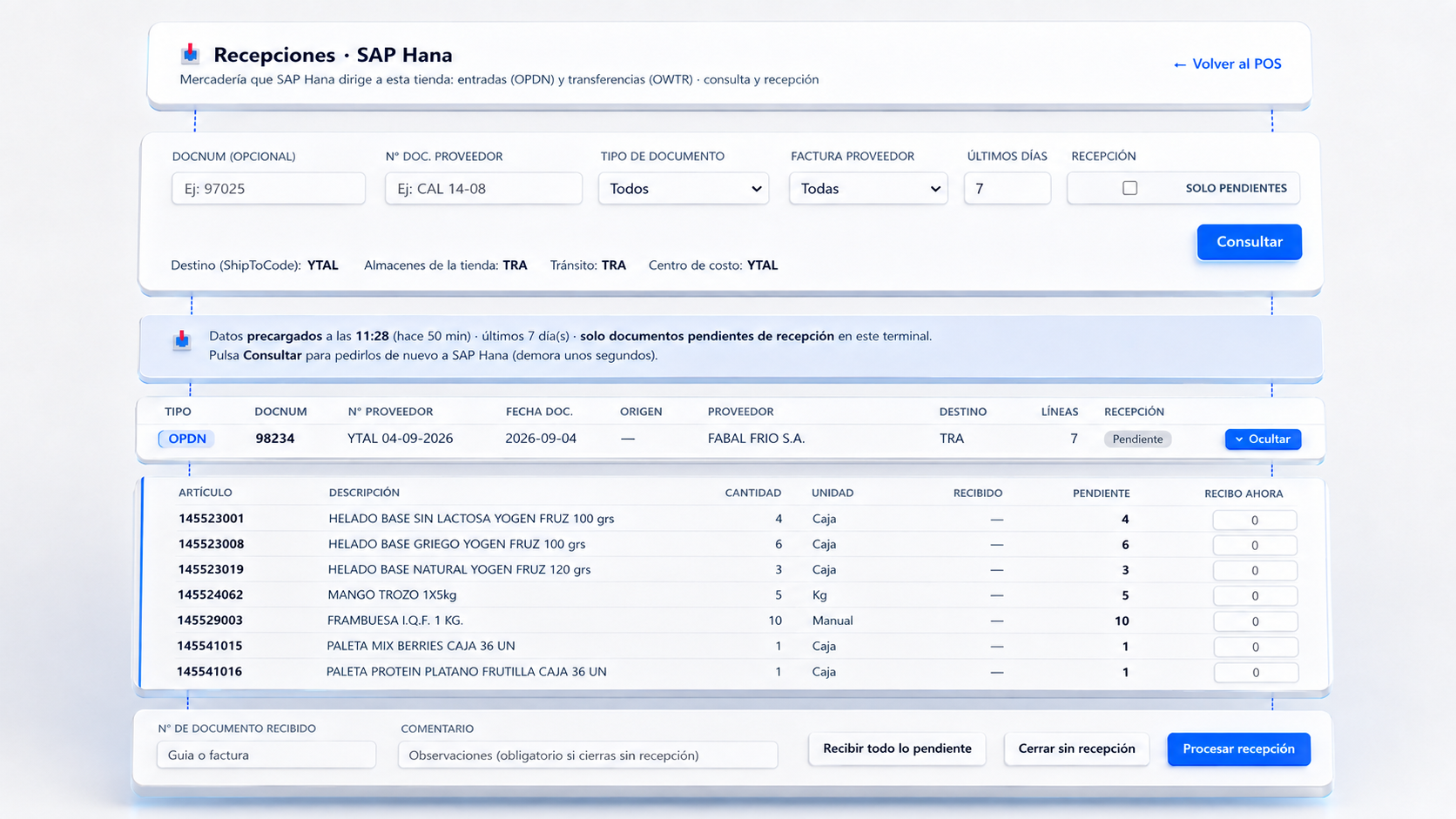 Recepción de mercadería SAP desde Evol POS